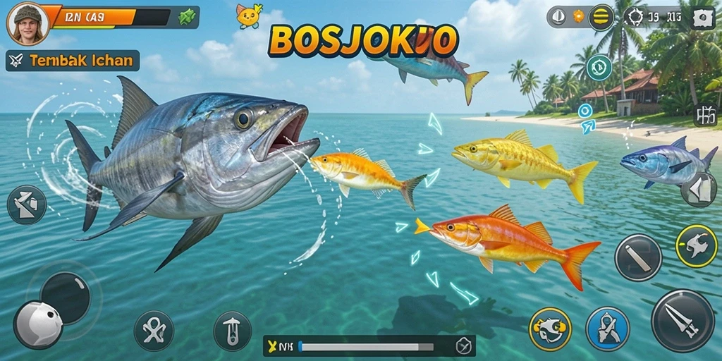 Tangkapan layar gameplay BOSJOKO saat seru menembak ikan.